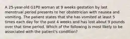 A 25-year-old G1P0 woman at 9 weeks gestation by last menstrual period presents to her obstetrician with nausea and vomiting. The patient states that she has vomited at least 5 times each day for the past 4 weeks and has lost about 9 pounds over that time period. Which of the following is most likely to be associated with the patient's condition?