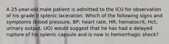 A 25-year-old male patient is admitted to the ICU for observation of his grade II splenic laceration. Which of the following signs and symptoms (blood pressure, BP; heart rate, HR; hematocrit, Hct; urinary output, UO) would suggest that he has had a delayed rupture of his splenic capsule and is now in hemorrhagic shock?