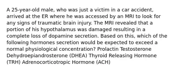 A 25-year-old male, who was just a victim in a car accident, arrived at the ER where he was accessed by an MRI to look for any signs of traumatic brain injury. The MRI revealed that a portion of his hypothalamus was damaged resulting in a complete loss of dopamine secretion. Based on this, which of the following hormones secretion would be expected to exceed a normal physiological concentration? Prolactin Testosterone Dehydroepiandrosterone (DHEA) Thyroid Releasing Hormone (TRH) Adrenocorticotropic Hormone (ACH)