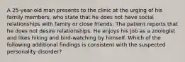 A 25-year-old man presents to the clinic at the urging of his family members, who state that he does not have social relationships with family or close friends. The patient reports that he does not desire relationships. He enjoys his job as a zoologist and likes hiking and bird-watching by himself. Which of the following additional findings is consistent with the suspected personality disorder?