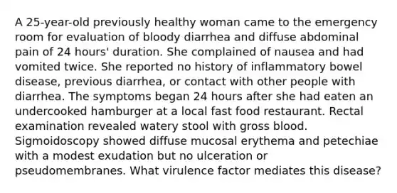 A 25-year-old previously healthy woman came to the emergency room for evaluation of bloody diarrhea and diffuse abdominal pain of 24 hours' duration. She complained of nausea and had vomited twice. She reported no history of inflammatory bowel disease, previous diarrhea, or contact with other people with diarrhea. The symptoms began 24 hours after she had eaten an undercooked hamburger at a local fast food restaurant. Rectal examination revealed watery stool with gross blood. Sigmoidoscopy showed diffuse mucosal erythema and petechiae with a modest exudation but no ulceration or pseudomembranes. What virulence factor mediates this disease?