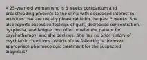 A 25-year-old woman who is 5 weeks postpartum and breastfeeding presents to the clinic with decreased interest in activities that are usually pleasurable for the past 3 weeks. She also reports excessive feelings of guilt, decreased concentration, dysphoria, and fatigue. You offer to refer the patient for psychotherapy, and she declines. She has no prior history of psychiatric conditions. Which of the following is the most appropriate pharmacologic treatment for the suspected diagnosis?