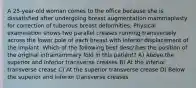 A 25-year-old woman comes to the office because she is dissatisfied after undergoing breast augmentation mammaplasty for correction of tuberous breast deformities. Physical examination shows two parallel creases running transversely across the lower pole of each breast with inferior displacement of the implant. Which of the following best describes the position of the original inframammary fold in this patient? A) Above the superior and inferior transverse creases B) At the inferior transverse crease C) At the superior transverse crease D) Below the superior and inferior transverse creases