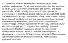 A 25-year-old woman experiences sudden onset of fever, malaise, and nausea. On physical examination, her temperature is 38.2°C, pulse is 85/min, respirations are 18/min, and blood pressure is 140/90 mm Hg. A routine urinalysis shows 1+ proteinuria, 4+ hematuria, and no ketones or glucose. RBC casts are seen on microscopic examination of the urine. A renal biopsy is performed, and light microscopic examination shows marked glomerular hypercellularity with neutrophils in glomerular capillary loops. Immunofluorescence microscopy shows granular deposition of IgG and C3 in glomerular capillary basement membranes. Electron microscopy shows electron-dense subepithelial "humps." What is the most likely diagnosis? A) Goodpasture syndrome B) Systemic amyloidosis C) Membranous glomerulonephritis D) Diabetes mellitus E) Postinfectious glomerulonephritis