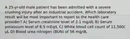 A 25-yr-old male patient has been admitted with a severe crushing injury after an industrial accident. Which laboratory result will be most important to report to the health care provider? A) Serum creatinine level of 2.1 mg/dL B) Serum potassium level of 6.5 mEq/L C) White blood cell count of 11,500/µL D) Blood urea nitrogen (BUN) of 56 mg/dL