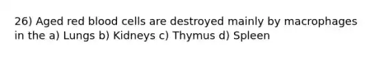 26) Aged red blood cells are destroyed mainly by macrophages in the a) Lungs b) Kidneys c) Thymus d) Spleen