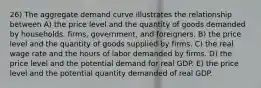 26) The aggregate demand curve illustrates the relationship between A) the price level and the quantity of goods demanded by households, firms, government, and foreigners. B) the price level and the quantity of goods supplied by firms. C) the real wage rate and the hours of labor demanded by firms. D) the price level and the potential demand for real GDP. E) the price level and the potential quantity demanded of real GDP.