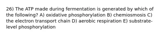 26) The ATP made during fermentation is generated by which of the following? A) oxidative phosphorylation B) chemiosmosis C) the electron transport chain D) aerobic respiration E) substrate-level phosphorylation