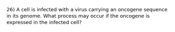 26) A cell is infected with a virus carrying an oncogene sequence in its genome. What process may occur if the oncogene is expressed in the infected cell?