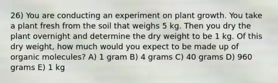 26) You are conducting an experiment on plant growth. You take a plant fresh from the soil that weighs 5 kg. Then you dry the plant overnight and determine the dry weight to be 1 kg. Of this dry weight, how much would you expect to be made up of <a href='https://www.questionai.com/knowledge/kjUwUacPFG-organic-molecules' class='anchor-knowledge'>organic molecules</a>? A) 1 gram B) 4 grams C) 40 grams D) 960 grams E) 1 kg