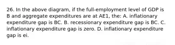 26. In the above diagram, if the full-employment level of GDP is B and aggregate expenditures are at AE1, the: A. inflationary expenditure gap is BC. B. recessionary expenditure gap is BC. C. inflationary expenditure gap is zero. D. inflationary expenditure gap is ei.