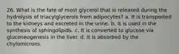 26. What is the fate of most glycerol that is released during the hydrolysis of triacylglycerols from adipocytes? a. It is transported to the kidneys and excreted in the urine. b. It is used in the synthesis of sphingolipids. c. It is converted to glucose via gluconeogenesis in the liver. d. It is absorbed by the chylomicrons.