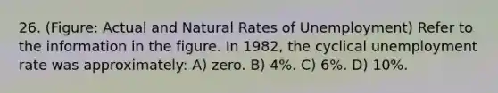 26. (Figure: Actual and Natural Rates of Unemployment) Refer to the information in the figure. In 1982, the cyclical <a href='https://www.questionai.com/knowledge/kh7PJ5HsOk-unemployment-rate' class='anchor-knowledge'>unemployment rate</a> was approximately: A) zero. B) 4%. C) 6%. D) 10%.