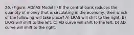 26. (Figure: ADñAS Model II) If the central bank reduces the quantity of money that is circulating in the economy, then which of the following will take place? A) LRAS will shift to the right. B) LRAS will shift to the left. C) AD curve will shift to the left. D) AD curve will shift to the right.