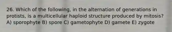 26. Which of the following, in the alternation of generations in protists, is a multicellular haploid structure produced by mitosis? A) sporophyte B) spore C) gametophyte D) gamete E) zygote