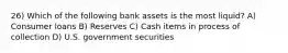 26) Which of the following bank assets is the most liquid? A) Consumer loans B) Reserves C) Cash items in process of collection D) U.S. government securities