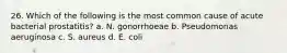 26. Which of the following is the most common cause of acute bacterial prostatitis? a. N. gonorrhoeae b. Pseudomonas aeruginosa c. S. aureus d. E. coli