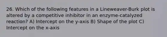 26. Which of the following features in a Lineweaver-Burk plot is altered by a competitive inhibitor in an enzyme-catalyzed reaction? A) Intercept on the y-axis B) Shape of the plot C) Intercept on the x-axis