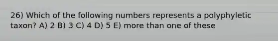 26) Which of the following numbers represents a polyphyletic taxon? A) 2 B) 3 C) 4 D) 5 E) more than one of these