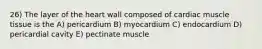 26) The layer of the heart wall composed of cardiac muscle tissue is the A) pericardium B) myocardium C) endocardium D) pericardial cavity E) pectinate muscle