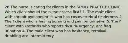 26 The nurse is caring for clients in the FAMILY PRACTICE CLINIC. Which client should the nurse assess first? 1. The male client with chronic pyelonephritis who has costovertebral tenderness 2. The f client who is having burning and pain on urination 3. The F client with urethritis who reports dysuria urgency, and freq urination 4. The male client who has hesitancy, terminal dribbling and intermittency