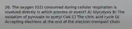 26. The oxygen (O2) consumed during cellular respiration is involved directly in which process or event? A) Glycolysis B) The oxidation of pyruvate to acetyl CoA C) The citric acid cycle D) Accepting electrons at the end of the electron transport chain