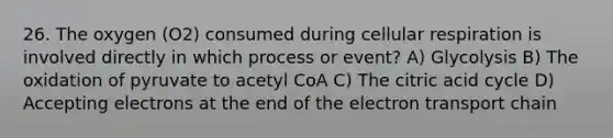 26. The oxygen (O2) consumed during cellular respiration is involved directly in which process or event? A) Glycolysis B) The oxidation of pyruvate to acetyl CoA C) The citric acid cycle D) Accepting electrons at the end of the electron transport chain