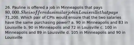 26. Pauline is offered a job in Minneapolis that pays 80,000. She is offered a similar job in Louisville that pays71,200. Which pair of CPIs would ensure that the two salaries have the same purchasing power? a. 90 in Minneapolis and 83 in Louisville b. 90 in Minneapolis and 72 in Louisville c. 100 in Minneapolis and 89 in Louisville d. 105 in Minneapolis and 90 in Louisville