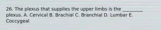 26. The plexus that supplies the upper limbs is the _________ plexus. A. Cervical B. Brachial C. Branchial D. Lumbar E. Coccygeal