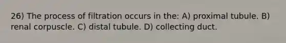 26) The process of filtration occurs in the: A) proximal tubule. B) renal corpuscle. C) distal tubule. D) collecting duct.