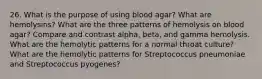 26. What is the purpose of using blood agar? What are hemolysins? What are the three patterns of hemolysis on blood agar? Compare and contrast alpha, beta, and gamma hemolysis. What are the hemolytic patterns for a normal throat culture? What are the hemolytic patterns for Streptococcus pneumoniae and Streptococcus pyogenes?