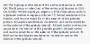 26) The R group or side chain of the amino acid serine is -CH2-OH. The R group or side chain of the amino acid leucine is -CH2-CH-(CH3)2. Where would you expect to find these amino acids in a globular protein in aqueous solution? A) Serine would be in the interior, and leucine would be on the exterior of the globular protein. B) Leucine would be in the interior, and serine would be on the exterior of the globular protein. C) Both serine and leucine would be in the interior of the globular protein. D) Both serine and leucine would be on the exterior of the globular protein. E) Both serine and leucine would be in the interior and on the exterior of the globular protein.