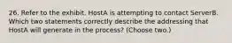 26. Refer to the exhibit. HostA is attempting to contact ServerB. Which two statements correctly describe the addressing that HostA will generate in the process? (Choose two.)