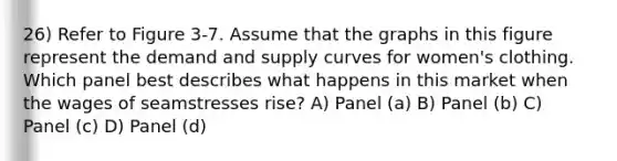 26) Refer to Figure 3-7. Assume that the graphs in this figure represent the demand and supply curves for women's clothing. Which panel best describes what happens in this market when the wages of seamstresses rise? A) Panel (a) B) Panel (b) C) Panel (c) D) Panel (d)