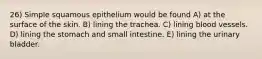 26) Simple squamous epithelium would be found A) at the surface of the skin. B) lining the trachea. C) lining blood vessels. D) lining the stomach and small intestine. E) lining the urinary bladder.