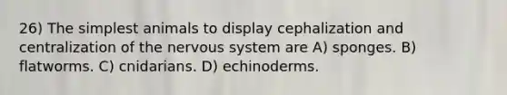 26) The simplest animals to display cephalization and centralization of the <a href='https://www.questionai.com/knowledge/kThdVqrsqy-nervous-system' class='anchor-knowledge'>nervous system</a> are A) sponges. B) flatworms. C) cnidarians. D) echinoderms.