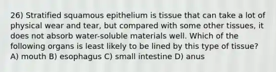 26) Stratified squamous epithelium is tissue that can take a lot of physical wear and tear, but compared with some other tissues, it does not absorb water-soluble materials well. Which of the following organs is least likely to be lined by this type of tissue? A) mouth B) esophagus C) small intestine D) anus