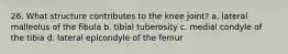 26. What structure contributes to the knee joint? a. lateral malleolus of the fibula b. tibial tuberosity c. medial condyle of the tibia d. lateral epicondyle of the femur