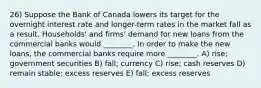 26) Suppose the Bank of Canada lowers its target for the overnight interest rate and longer-term rates in the market fall as a result. Households' and firms' demand for new loans from the commercial banks would ________. In order to make the new loans, the commercial banks require more ________. A) rise; government securities B) fall; currency C) rise; cash reserves D) remain stable; excess reserves E) fall; excess reserves