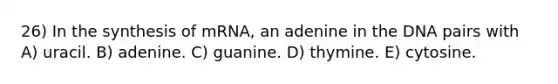 26) In the synthesis of mRNA, an adenine in the DNA pairs with A) uracil. B) adenine. C) guanine. D) thymine. E) cytosine.