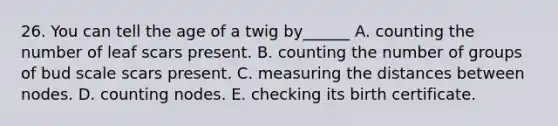 26. You can tell the age of a twig by______ A. counting the number of leaf scars present. B. counting the number of groups of bud scale scars present. C. measuring the distances between nodes. D. counting nodes. E. checking its birth certificate.