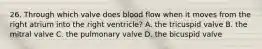 26. Through which valve does blood flow when it moves from the right atrium into the right ventricle? A. the tricuspid valve B. the mitral valve C. the pulmonary valve D. the bicuspid valve