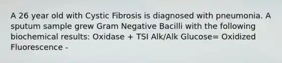 A 26 year old with Cystic Fibrosis is diagnosed with pneumonia. A sputum sample grew Gram Negative Bacilli with the following biochemical results: Oxidase + TSI Alk/Alk Glucose= Oxidized Fluorescence -