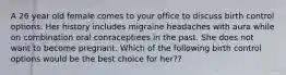 A 26 year old female comes to your office to discuss birth control options. Her history includes migraine headaches with aura while on combination oral conraceptiees in the past. She does not want to become pregnant. Which of the following birth control options would be the best choice for her??