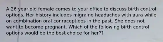 A 26 year old female comes to your office to discuss birth control options. Her history includes migraine headaches with aura while on combination oral conraceptiees in the past. She does not want to become pregnant. Which of the following birth control options would be the best choice for her??