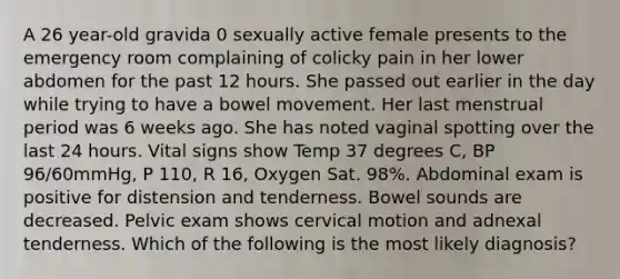 A 26 year-old gravida 0 sexually active female presents to the emergency room complaining of colicky pain in her lower abdomen for the past 12 hours. She passed out earlier in the day while trying to have a bowel movement. Her last menstrual period was 6 weeks ago. She has noted vaginal spotting over the last 24 hours. Vital signs show Temp 37 degrees C, BP 96/60mmHg, P 110, R 16, Oxygen Sat. 98%. Abdominal exam is positive for distension and tenderness. Bowel sounds are decreased. Pelvic exam shows cervical motion and adnexal tenderness. Which of the following is the most likely diagnosis?