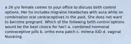 a 26 y/o female comes to your office to discuss birth control options. Her hx includes migraine headaches with aura while on combination oral contraceptives in the past. She does not want to become pregnant. Which of the following birth control options would be the best choice for her? a. combined hormonal contraceptive pills b. ortho evra patch c. mirena IUD d. vaginal Nuvaring