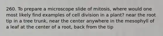 260. To prepare a microscope slide of mitosis, where would one most likely find examples of cell division in a plant? near the root tip in a tree trunk, near the center anywhere in the mesophyll of a leaf at the center of a root, back from the tip