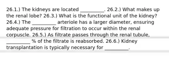 26.1.) The kidneys are located __________. 26.2.) What makes up the renal lobe? 26.3.) What is the functional unit of the kidney? 26.4.) The __________ arteriole has a larger diameter, ensuring adequate pressure for filtration to occur within the renal corpuscle. 26.5.) As filtrate passes through the renal tubule, __________ % of the filtrate is reabsorbed. 26.6.) Kidney transplantation is typically necessary for __________.