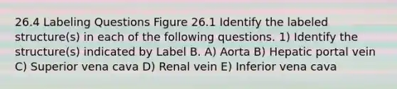 26.4 Labeling Questions Figure 26.1 Identify the labeled structure(s) in each of the following questions. 1) Identify the structure(s) indicated by Label B. A) Aorta B) Hepatic portal vein C) Superior vena cava D) Renal vein E) Inferior vena cava